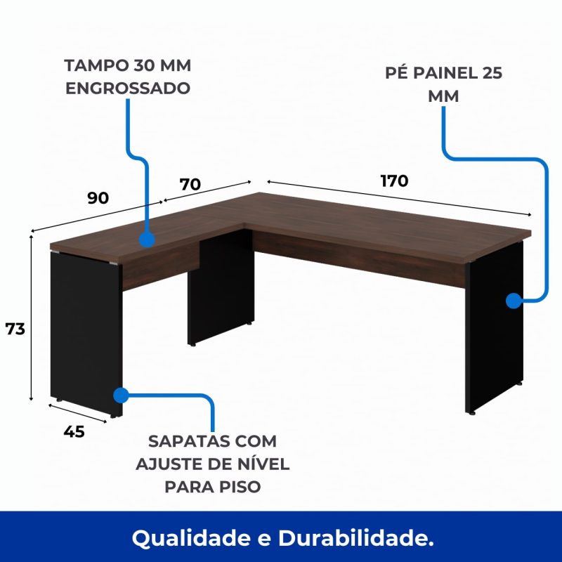 Mesa em “L” (Mesa 1,70m + Mesa Auxiliar) – S/ Gavetas Marsala / Preto – 23478 CT Móveis para Escritório 8