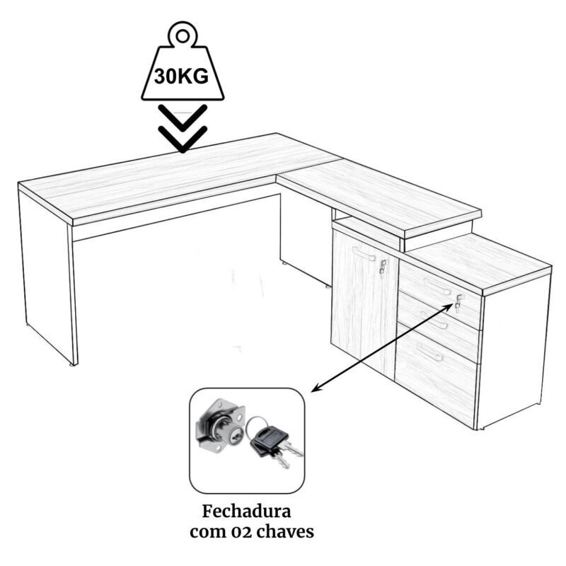 Mesa Escritório em “L” – 1,50×1,50m (Extensível) – com Armário Misto (03 Gav.) NOGAL/SEVILHA – 20603 CT Móveis para Escritório 3