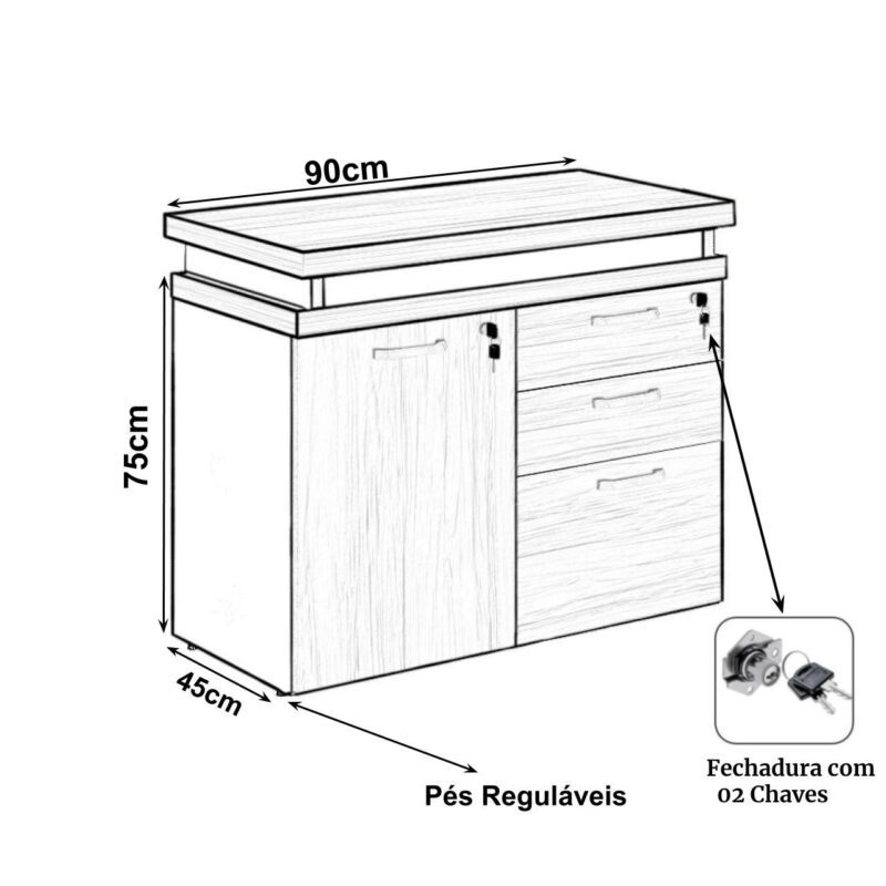 Mesa Escritório em “L” – 1,50×1,50m (Extensível) – com Armário Misto (03 Gav.) NOGAL/SEVILHA – 20603 CT Móveis para Escritório 4