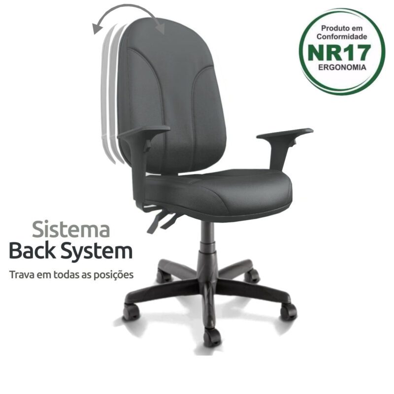 Cadeira Presidente PLUS BACK SYSTEM Baixa Costurada c/ Braços Reguláveis – Corino Preto 32974 CT Móveis para Escritório 3