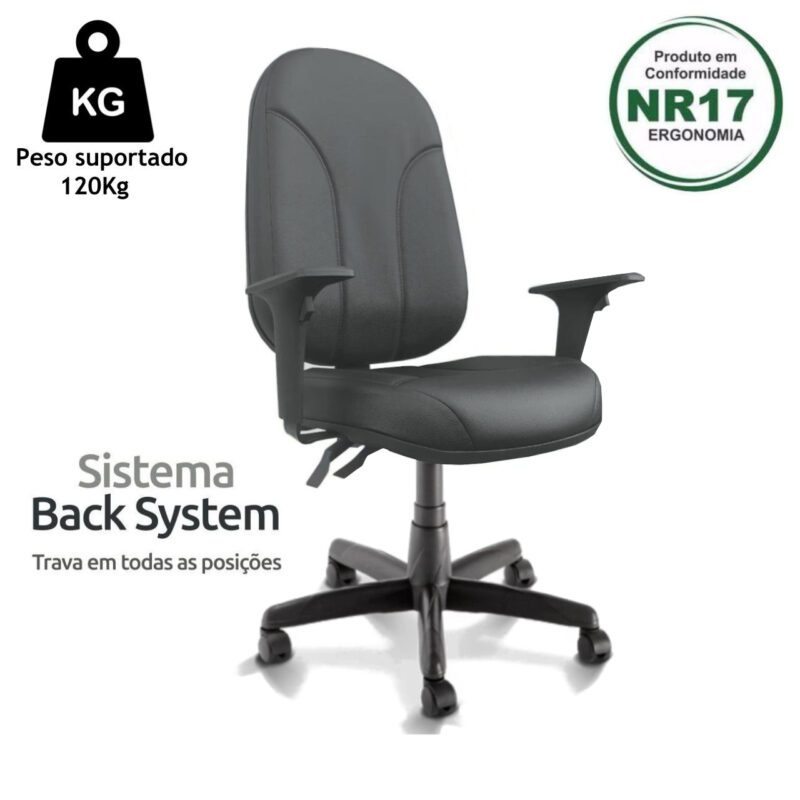 Cadeira Presidente PLUS BACK SYSTEM Baixa Costurada c/ Braços Reguláveis – Corino Preto 32974 CT Móveis para Escritório 4