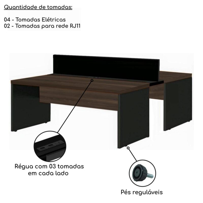 Estação de Trabalho Dupla 1,50×1,35m 02 Lugares c/ Gavetas c/ ponto de tomada MARSALA/PRETO – 63092 CT Móveis para Escritório 5