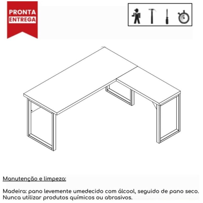 Mesa em L PÉ QUADRO (Mesa 1,50m + Mesa Auxiliar) – S/ Gavetas NOGAL SEVILHA/PRETO – 24476 CT Móveis para Escritório 3