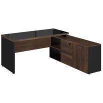 Mesa Diretorzinha c/ vidro c/ Aparador – Pé de MADEIRA – 1,90×1,50m – WORKSTART – MARSALA/PRETO – 23428 CT Móveis para Escritório