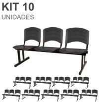 Kit 10 Cadeiras Longarinas PLÁSTICA 03 Lugares – Cor PRETO 33039 CT Móveis para Escritório