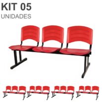 Kit 05 Cadeiras Longarinas PLÁSTICAS 03 Lugares – Cor Vermelho 33043 CT Móveis para Escritório