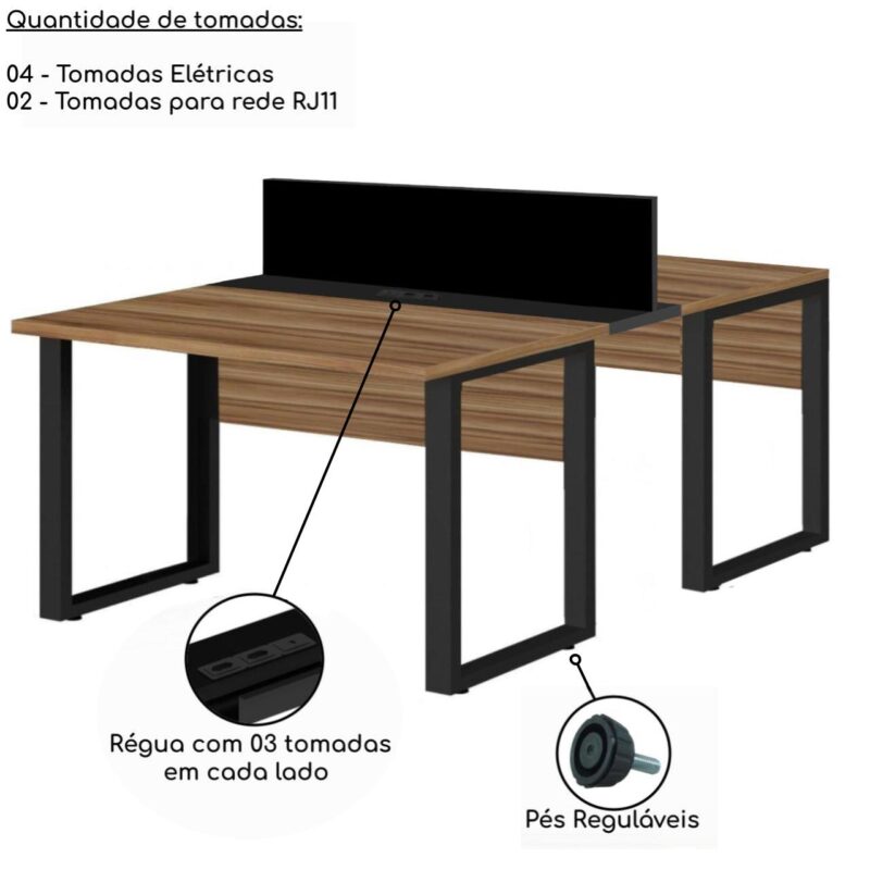 Estação de Trabalho Dupla 1,20×1,35m 02 Lugares c/ Gavetas c/ ponto de tomada PÉ QUADRO – Cor Nogal Sevilha – 63097 CT Móveis para Escritório 4