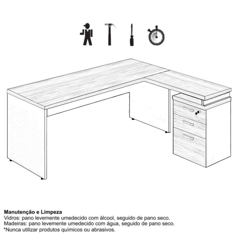 Mesa Escritório em “L” c/ Gaveteiro 1,70×1,60m NOGAL SEVILHA/PRETO – 21423 CT Móveis para Escritório 8