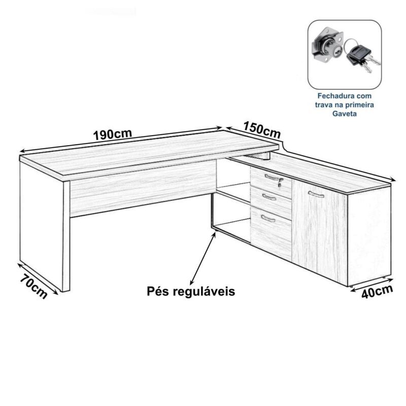 Mesa Diretorzinha c/ Aparador – Pé de MADEIRA – 1,90×1,50mNOGAL SEVILHA / PRETO – 21426 . CT Móveis para Escritório 3