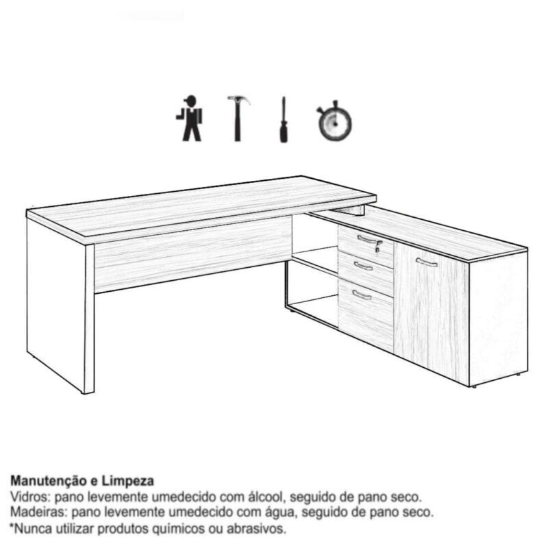 Mesa Diretorzinha c/ Aparador – Pé de MADEIRA – 1,90×1,50mNOGAL SEVILHA / PRETO – 21426 . CT Móveis para Escritório 5