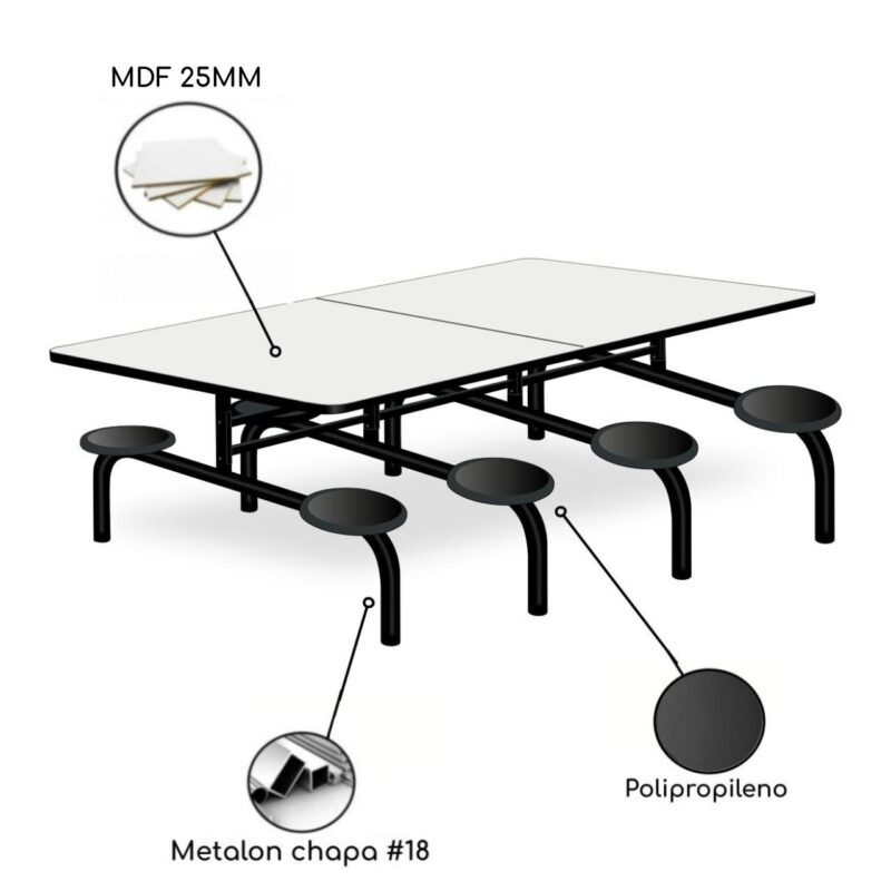 Mesa para Refeitório 8 Lugares MDP Branco de 25 mm FIXO – 50045 CT Móveis para Escritório 3