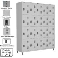 Armário Roupeiro de Aço 20 Portas PEQUENAS – 1,84×1,28×0,35m – CZ/CZ – W3 – 17013 CT Móveis para Escritório