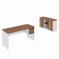 Kit Mesa Escritório 1,70×0,60m c/ Gavetas + Armário Baixo Credenza – WORKSTART – NOGAL SEVILHA/BRANCO – 34335 CT Móveis para Escritório