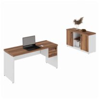 Kit Mesa Escritório 1,50×0,60m c/ Gavetas + Armário Baixo Credenza – WORKSTART – NOGAL SEVILHA/BRANCO – 34334 CT Móveis para Escritório