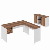 Kit Mesa Escritório em “L” 1,50×0,60m c/ Gavetas + Armário Baixo Credenza – WORKSTART – NOGAL SEVILHA/BRANCO – 34337 CT Móveis para Escritório