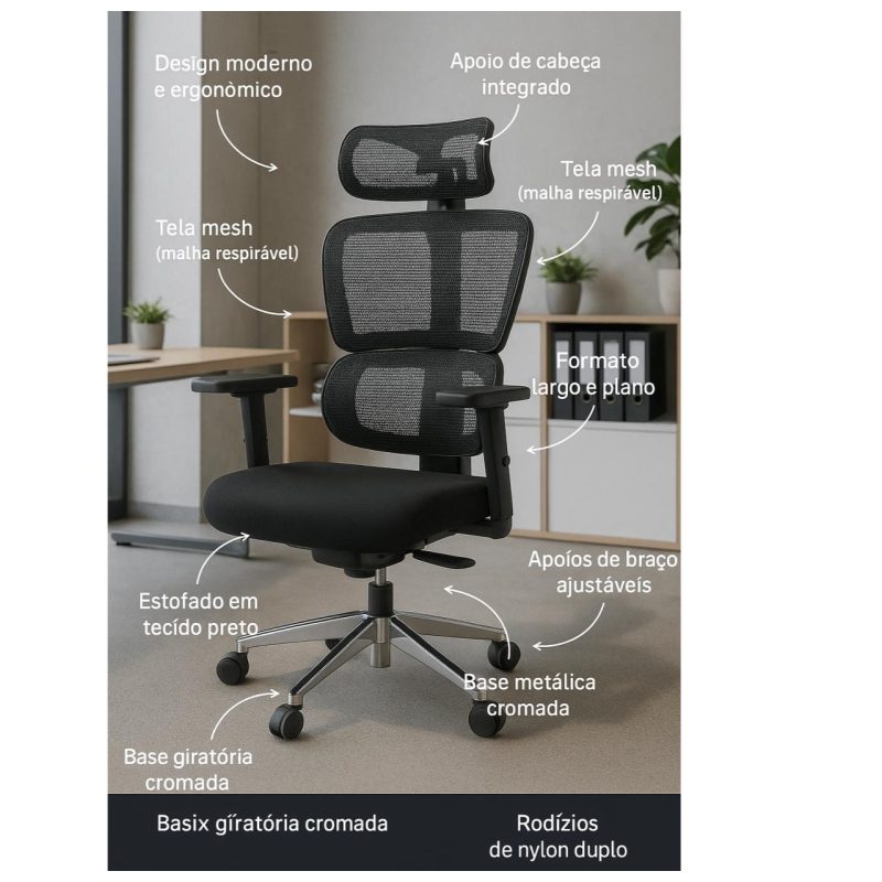 Cadeira de Escritório Presidente Tela ÉDON – Cor Preto – 30066 CT Móveis para Escritório 10