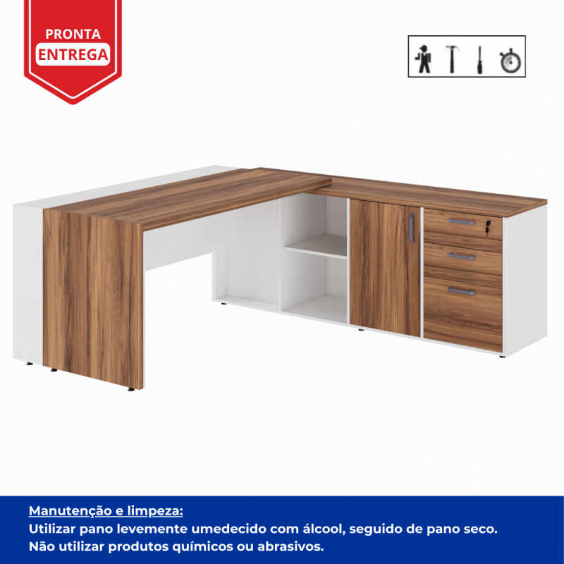 Mesa Escritório PRESIDENTE c/ Armário Pedestal – 1,82×1,80m – NOGAL SEVILHA/BRANCO – 34602 CT Móveis para Escritório 4