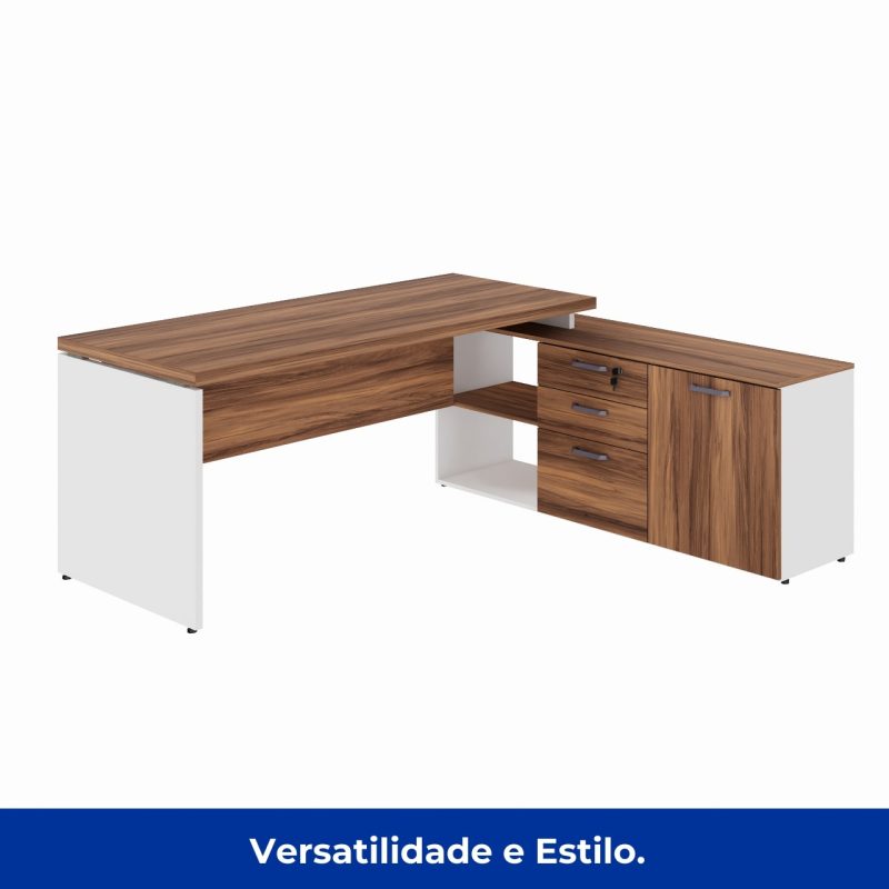 Mesa Diretorzinha c/ Aparador – Pé de MADEIRA – 1,90×1,50m – NOGAL SEVILHA / BRANCO – 34426 CT Móveis para Escritório 4