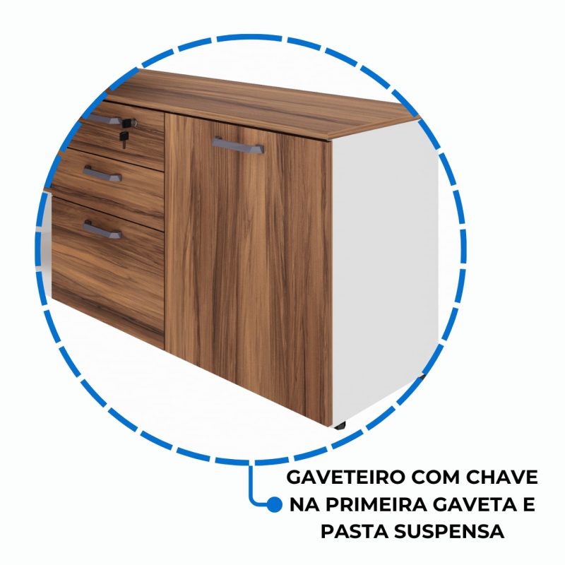 Mesa Diretorzinha c/ Aparador – Pé de MADEIRA – 1,90×1,50m – NOGAL SEVILHA / BRANCO – 34426 CT Móveis para Escritório 7