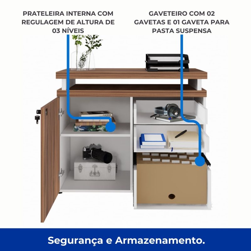 Armário Baixo 03 Gavetas e Porta (MISTO) – NOGAL SEVILHA/BRANCO – 34422 CT Móveis para Escritório 3