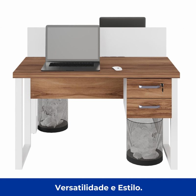 Estação de Trabalho Dupla 1,20×1,35m c/ 02 Gavetas c/ ponto de tomada PÉ QUADRO – Cor Nogal Sevilha/Branco – 34423 CT Móveis para Escritório 10