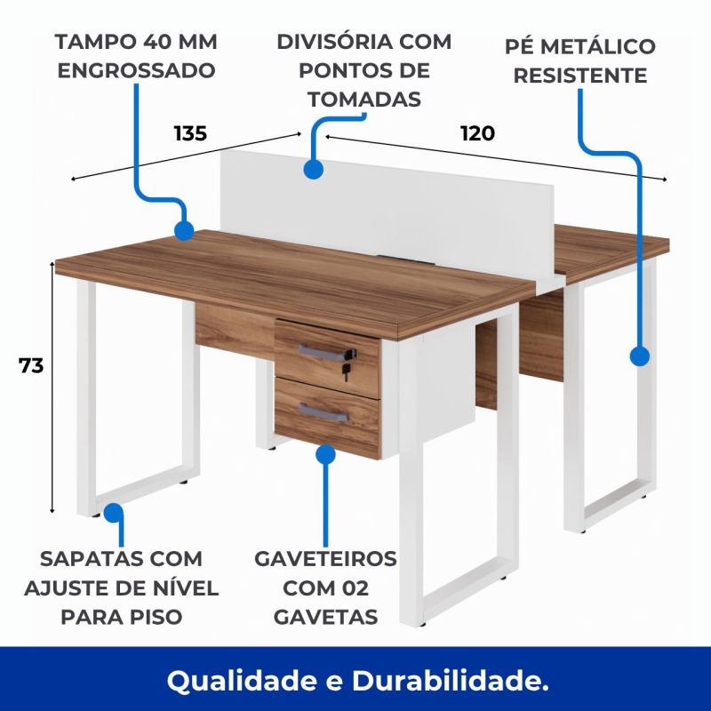 Estação de Trabalho Dupla 1,20×1,35m c/ 02 Gavetas c/ ponto de tomada PÉ QUADRO – Cor Nogal Sevilha/Branco – 34423 CT Móveis para Escritório 7