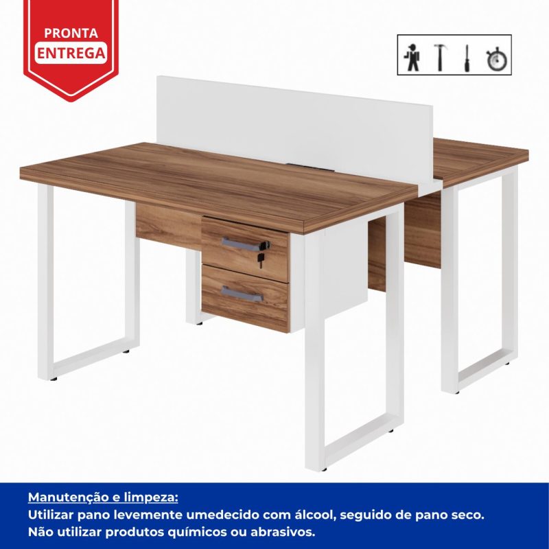 Estação de Trabalho Dupla 1,20×1,35m c/ 02 Gavetas c/ ponto de tomada PÉ QUADRO – Cor Nogal Sevilha/Branco – 34423 CT Móveis para Escritório 4