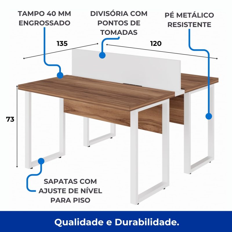 Estação de Trabalho Dupla 1,20×1,35m sem Gavetas c/ ponto de tomada PÉ QUADRO – Cor Nogal Sevilha/Branco – 34424 CT Móveis para Escritório 5