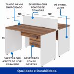 Estação de Trabalho Dupla 1,20×1,35m 02 Lugares c/ Gavetas c/ ponto de tomada PÉ PAINEL – Nogal Sevilha/Branco – 34427 CT Móveis para Escritório 21