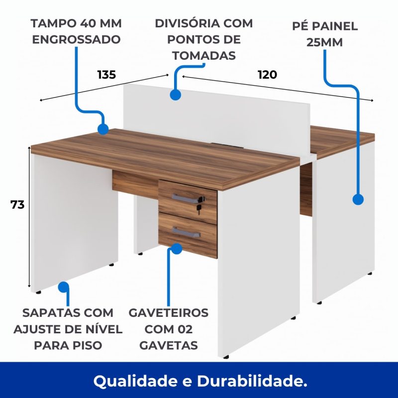 Estação de Trabalho Dupla 1,20×1,35m 02 Lugares c/ Gavetas c/ ponto de tomada PÉ PAINEL – Nogal Sevilha/Branco – 34427 CT Móveis para Escritório 11