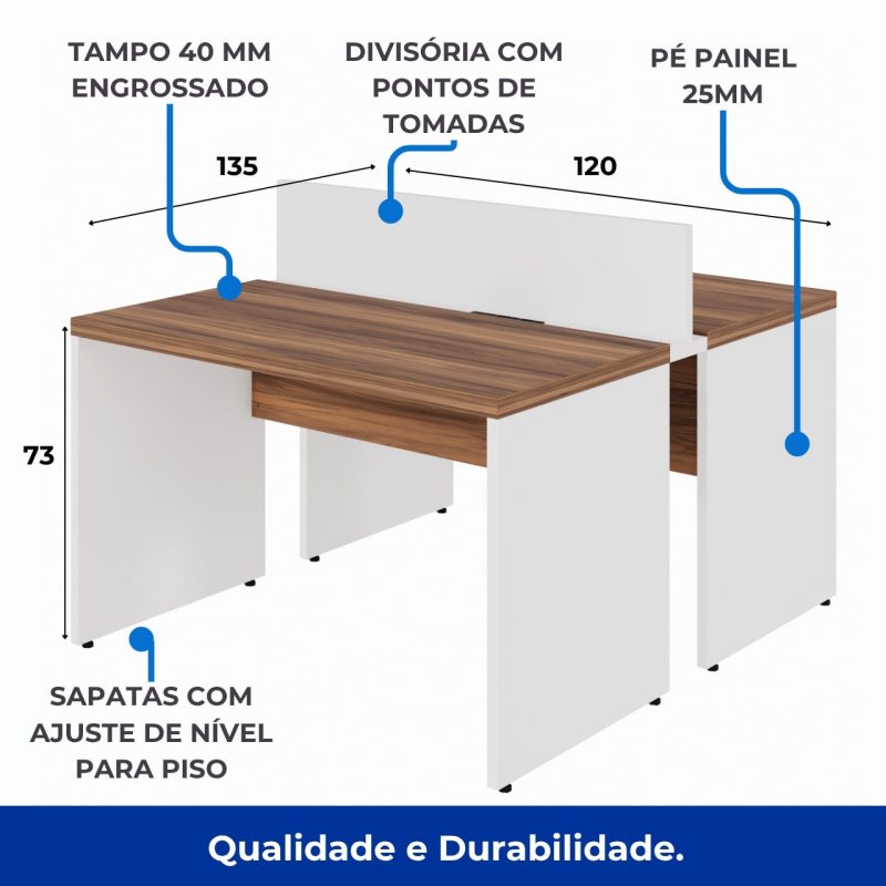 Estação de Trabalho Dupla 1,20×1,35m 02 Lugares sem Gavetas c/ ponto de tomada PÉ PAINEL – Nogal Sevilha/Branco – 34428 CT Móveis para Escritório 9