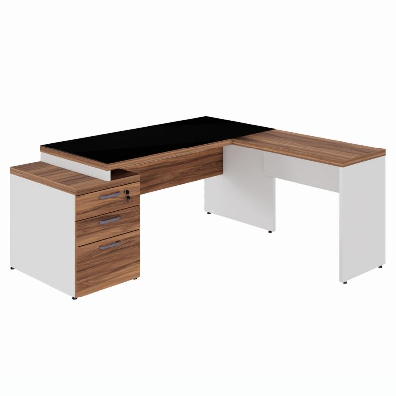 Mesa para Escritório em “L” com VIDRO FUMÊ – 1,92X1,60M NOGAL SEVILHA/BRANCO – 34432 CT Móveis para Escritório 2