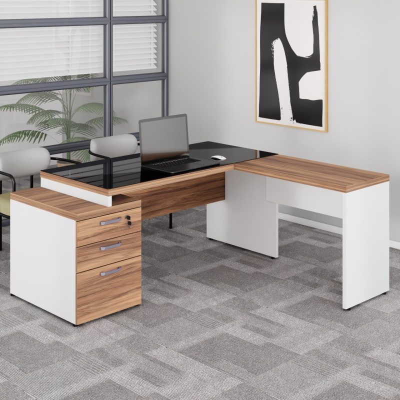 Mesa para Escritório em “L” com VIDRO FUMÊ – 1,92X1,60M NOGAL SEVILHA/BRANCO – 34432 CT Móveis para Escritório 12