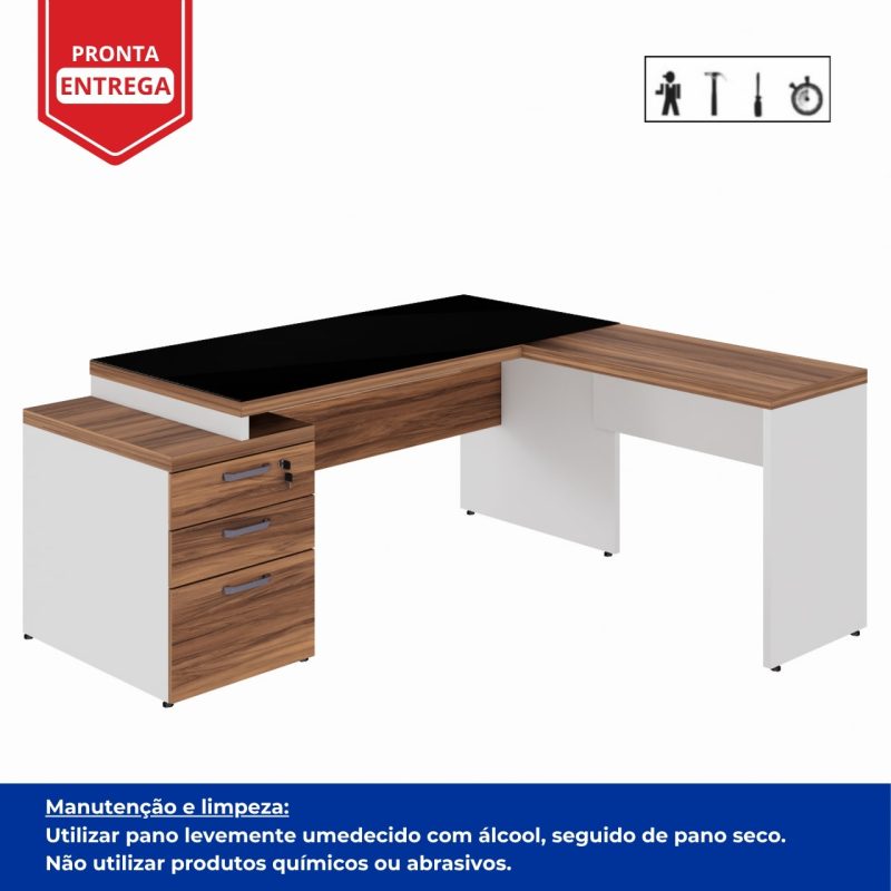 Mesa para Escritório em “L” com VIDRO FUMÊ – 1,92X1,60M NOGAL SEVILHA/BRANCO – 34432 CT Móveis para Escritório 4