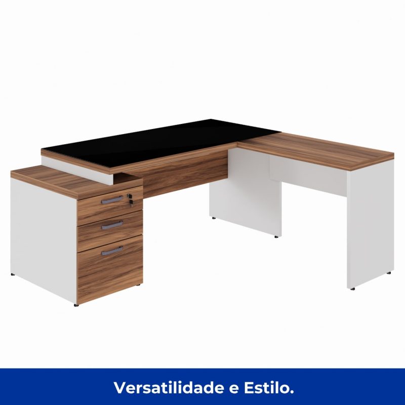 Mesa para Escritório em “L” com VIDRO FUMÊ – 1,92X1,60M NOGAL SEVILHA/BRANCO – 34432 CT Móveis para Escritório 11