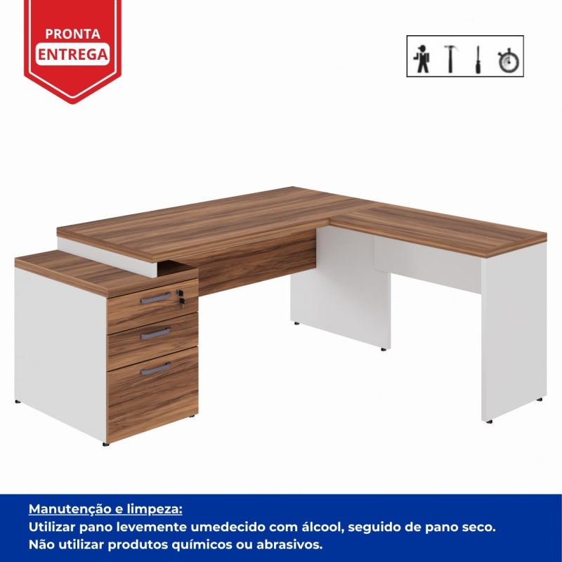 Mesa para Escritório em “L” com Gavetão – 1,92X1,60m -NOGAL SEVILHA/BRANCO – 34431 CT Móveis para Escritório 4