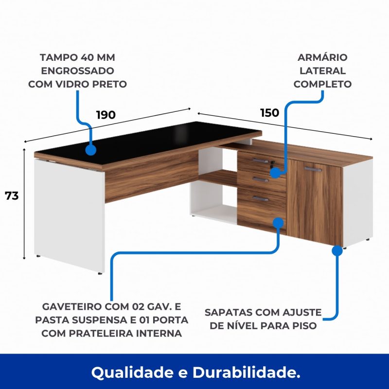 Mesa Diretorzinha c/ Aparador e Vidro Fumê – Pé de MADEIRA – 1,90×1,50m – NOGAL SEVILHA / BRANCO – 34429 CT Móveis para Escritório 3