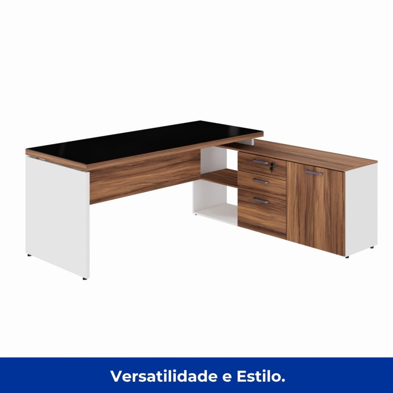 Mesa Diretorzinha c/ Aparador e Vidro Fumê – Pé de MADEIRA – 1,90×1,50m – NOGAL SEVILHA / BRANCO – 34429 CT Móveis para Escritório 7