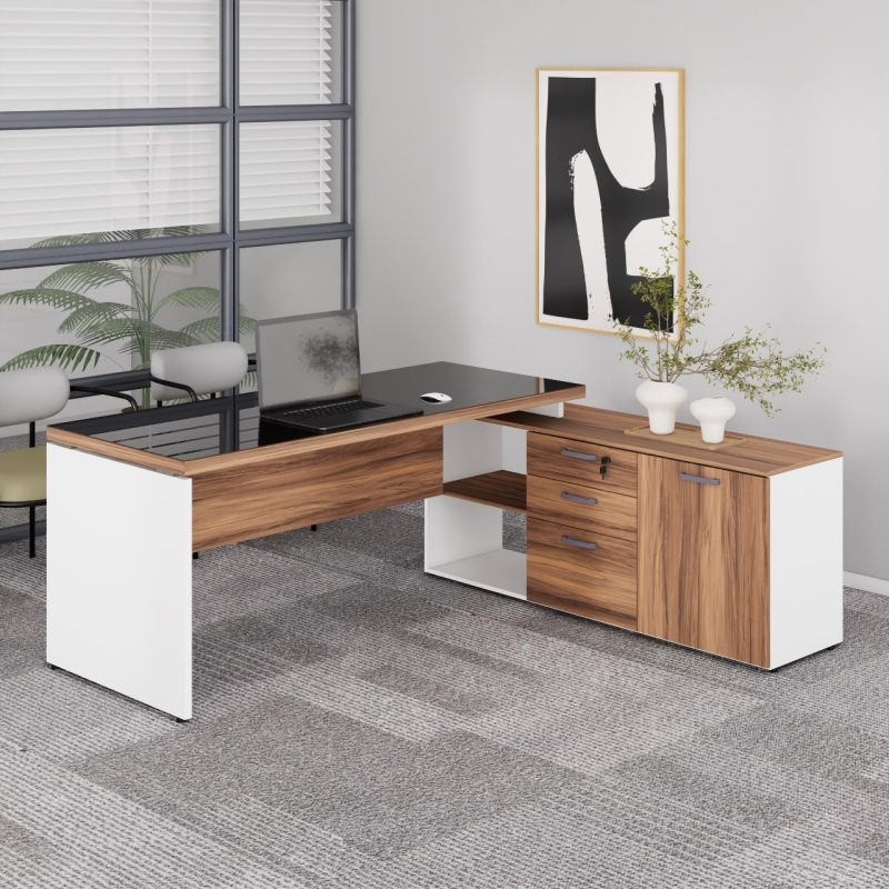 Mesa Diretorzinha c/ Aparador e Vidro Fumê – Pé de MADEIRA – 1,90×1,50m – NOGAL SEVILHA / BRANCO – 34429 CT Móveis para Escritório 10