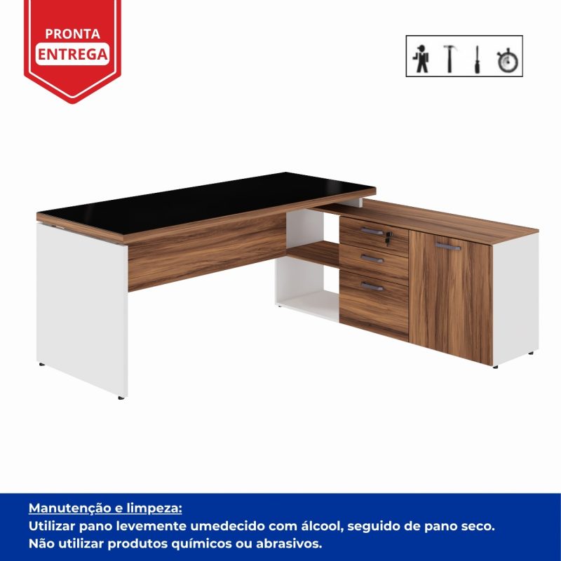 Mesa Diretorzinha c/ Aparador e Vidro Fumê – Pé de MADEIRA – 1,90×1,50m – NOGAL SEVILHA / BRANCO – 34429 CT Móveis para Escritório 5