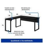 Mesa em L PÉ QUADRO (1,50×0,60m + Mesa Auxiliar) – S/ Gavetas – PRETO / PRETO – 26010 CT Móveis para Escritório 16
