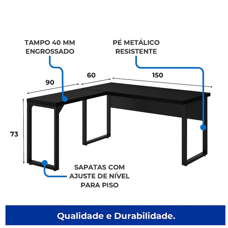 Mesa em L PÉ QUADRO (1,50×0,60m + Mesa Auxiliar) – S/ Gavetas – PRETO / PRETO – 26010 CT Móveis para Escritório 6