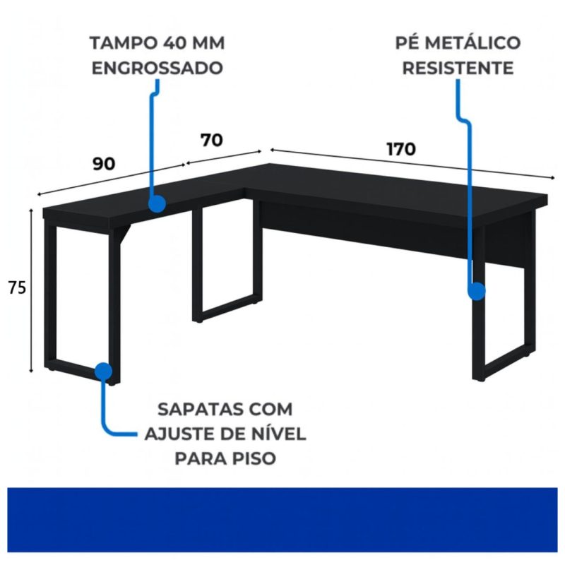 Mesa em L PÉ QUADRO (1,70×0,70m + Mesa Auxiliar) – S/ Gavetas – PRETO / PRETO – 26011 CT Móveis para Escritório 6