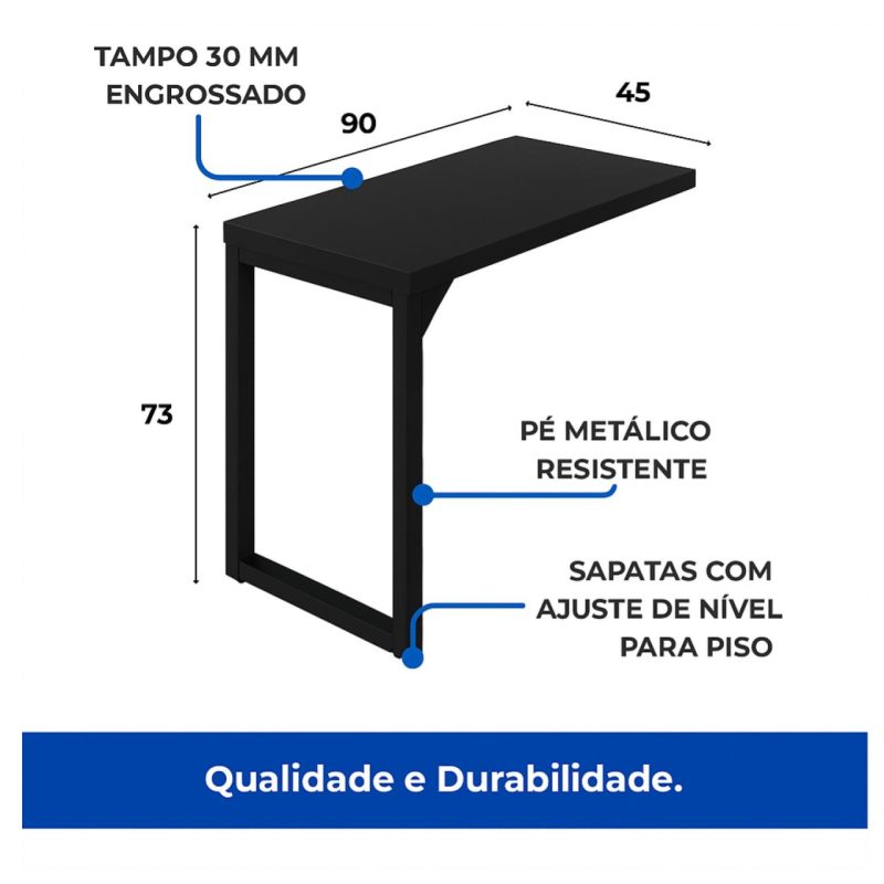 Mesa em L PÉ QUADRO (1,70×0,70m + Mesa Auxiliar) – S/ Gavetas – PRETO / PRETO – 26011 CT Móveis para Escritório 8