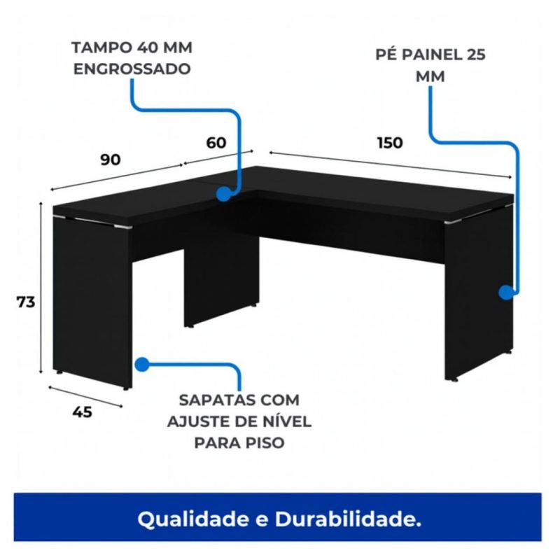 Mesa em L PÉ PAINEL (1,50×0,60m + Mesa Auxiliar) – S/ Gavetas – PRETO / PRETO – 26012 CT Móveis para Escritório 6