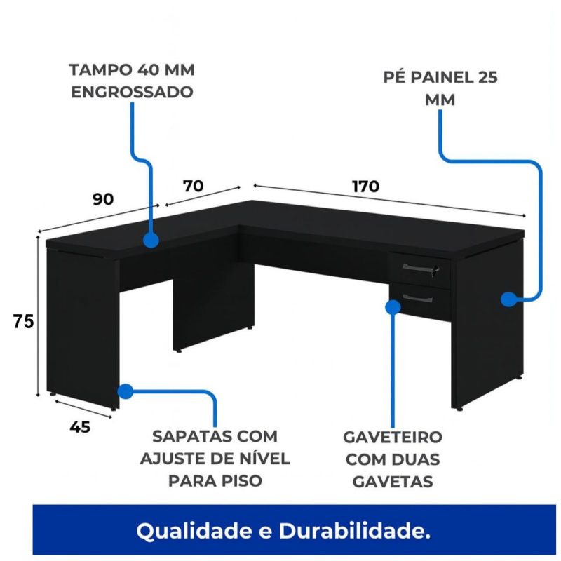 Mesa em L PÉ PAINEL (1,70×0,70m + Mesa Auxiliar) – S/ Gavetas – PRETO / PRETO – 26013 CT Móveis para Escritório 8