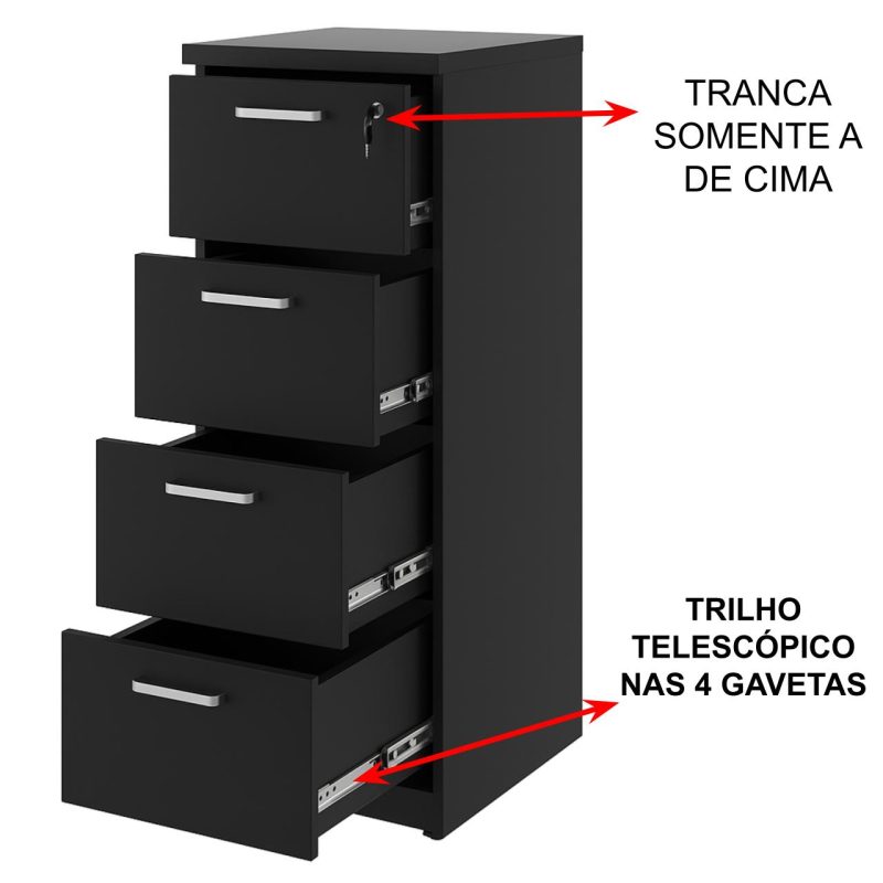 Arquivo de Madeira para Pasta Suspensa com 4 Gavetas – MDP PRETO – 26035 CT Móveis para Escritório 4